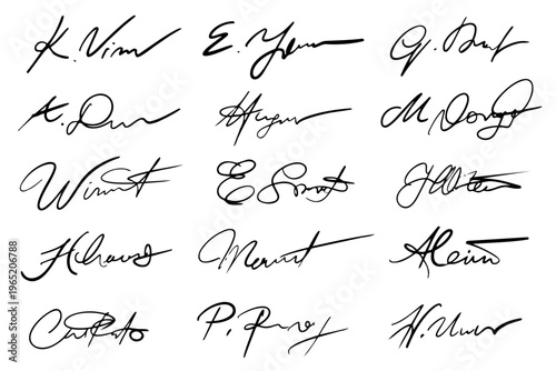 Set of fake handwritten signatures and autographs vector illustration mimicking authentic cursive ink script for certificates letters and business documents
