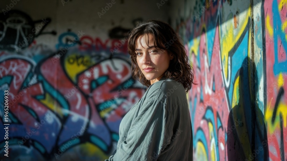 Fototapeta premium Young woman standing against graffiti wall in urban alley