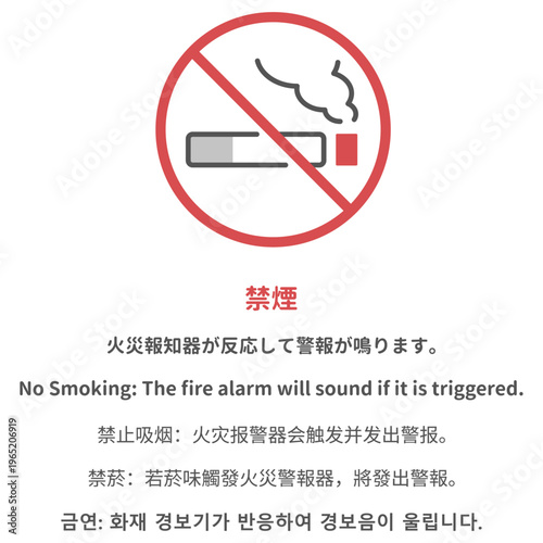 火災報知器連動の禁煙警告サイン（日英中韓対応） / No Smoking Warning Sign for Fire Alarm Systems. Multilingual display in Japanese, English, Chinese, and Korean.