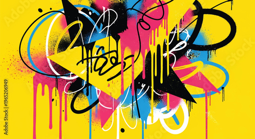 Modern vector illustration of bold street art composition featuring paint drip effects, expressive spray patterns, and saturated yellow and pink palette
