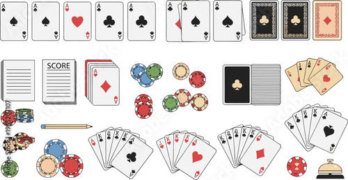 Professional Card Games and Poker Vector Set Featuring Playing Cards Casino Chips Scorecards and Reception Bell for Gambling and Tabletop Entertainment Designs