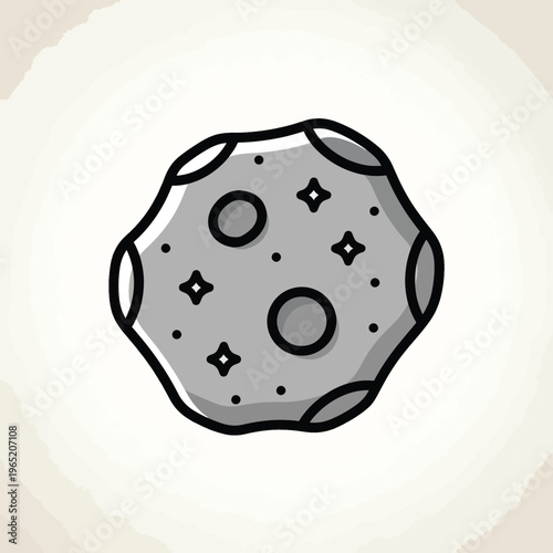 A cartoonish grey asteroid shape with craters, stars, and dark outlines, against a white and light brown backdrop