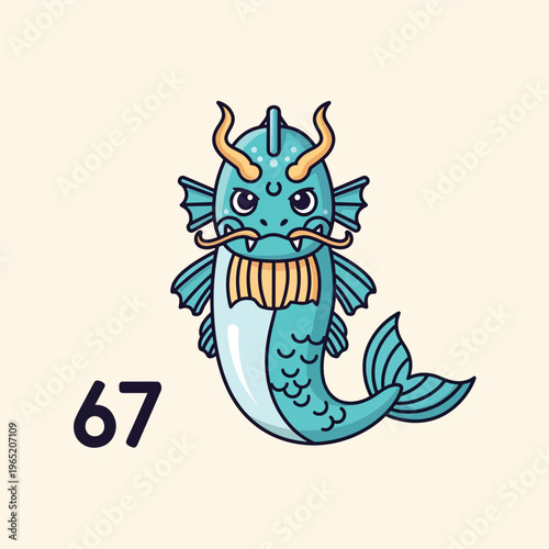 A cartoonish aquatic creature with stylized horns and a long mustache, rendered in blue and yellow. The number '67' is placed to its left