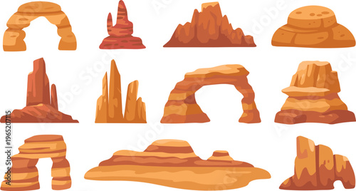 Desert rock formations collection, canyon landscape elements set sandstone cliffs arches, nature geology illustration, wild west terrain vector