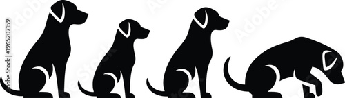 Dog silhouette set sitting and pooping, pet animal collection vector illustration, minimal black icon design, isolated domestic canine symbol