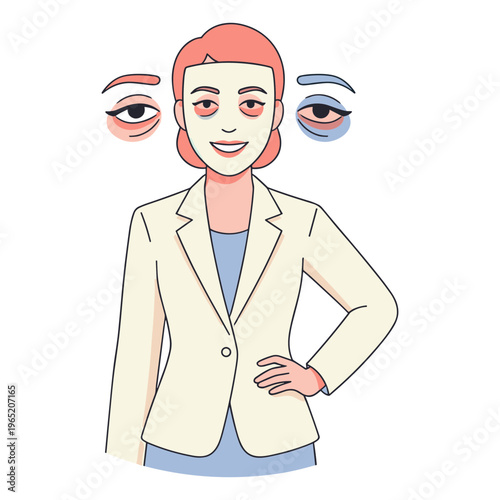 A smiling woman with red hair wearing a cream blazer and blue top with various eyes floating beside her head