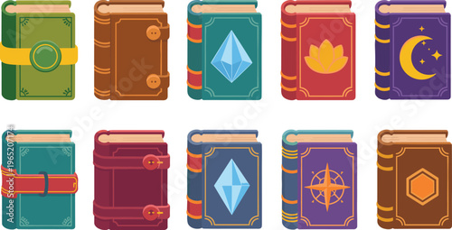 Fantasy magic books collection, enchanted spell tomes set with symbols icons, wizard library illustration, mystical education concept vector