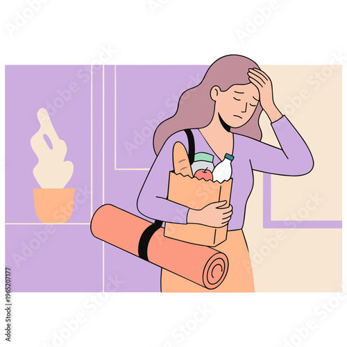 Woman feeling stressed while holding grocery bag and yoga mat indoors