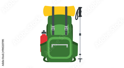 Green hiking backpack with gear.