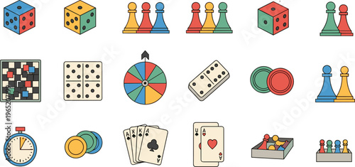 Professional Board Game and Tabletop Entertainment Vector Set Featuring Colorful Dice Game Pawns Dominoes Playing Cards and Spinner for Family Night Designs