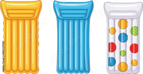 Inflatable air mattress set colorful pool floats, summer beach accessories collection, water recreation equipment design, vacation relaxation concept