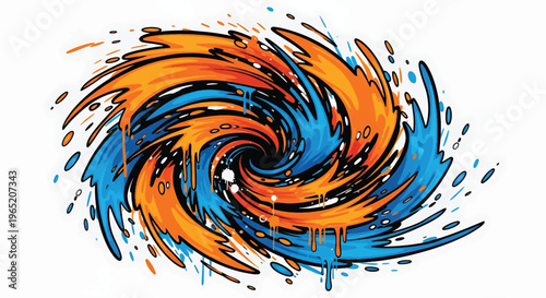 Modern vector illustration of dynamic graffiti paint storm featuring layered splashes, strong black outlines, and bright orange and blue contrast