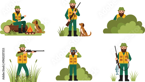 Hunter character set, man with rifle dog camping fishing observing in forest, outdoor hunting activity vector illustration collection