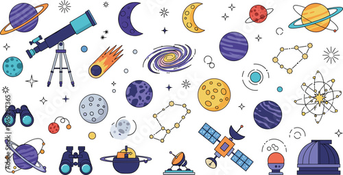 Professional Astronomy and Space Exploration Vector Set Featuring Telescope Satellite Observatory Binoculars Planets and Constellations for Educational Designs