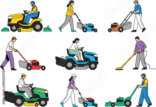 Lawn mowing gardening workers set, people using lawnmowers grass cutting equipment, landscaping maintenance service vector illustration pack design