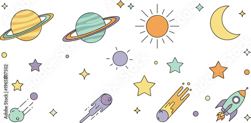 Outer Space and Astronomy Vector Set Featuring Saturn Uranus the Sun Crescent Moon Rocket Ship and Comets for Educational and Sci-Fi Designs