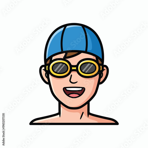 A cartoon swimmer with a blue swim cap and goggles, smiling with an open mouth, colored in soft hues