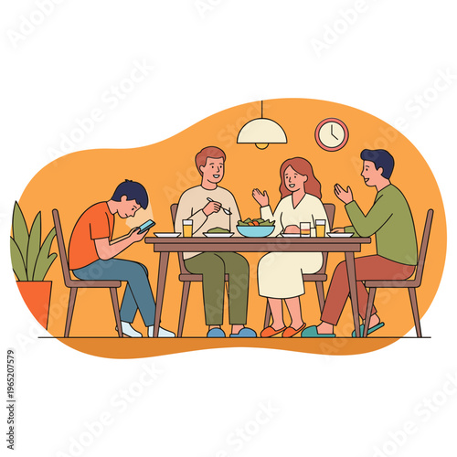 People sitting at a table eating and interacting in a casual setting