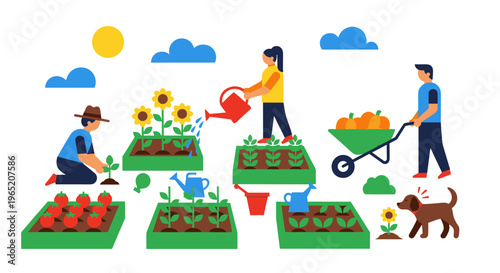 People Gardening with Dog.