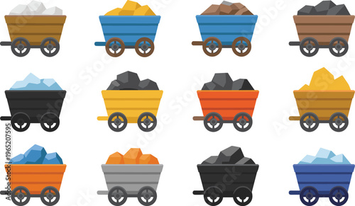 Mining carts with minerals collection, coal gold ore transport wagons set, industry resource extraction concept, flat vector illustration