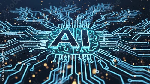 Digital AI Brain: A luminous representation of an artificial intelligence brain, the centerpiece of a sophisticated circuit board, highlighting the intersection of human and digital intelligence.