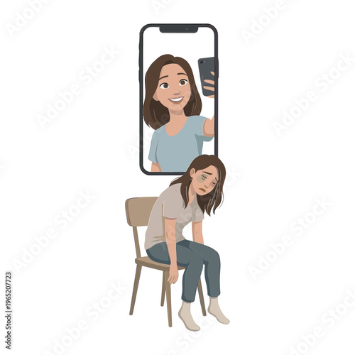 Woman sitting on chair looking dejected with another version smiling on phone screen