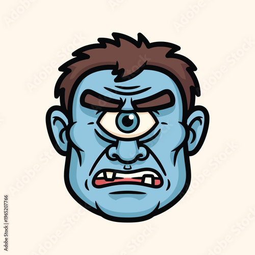 A cartoonish head of a cyclops with blue skin, brown hair, and an angry expression.  The image is on a light beige background