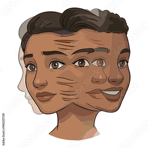 A cartoon illustration of a person with multiple facial expressions shown in a split view.