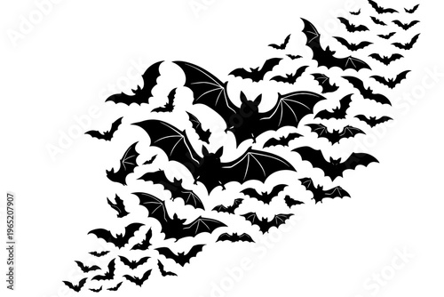 A large flock of bats flying in formation from left to right across a white background, suggesting Halloween or spooky themes and migration