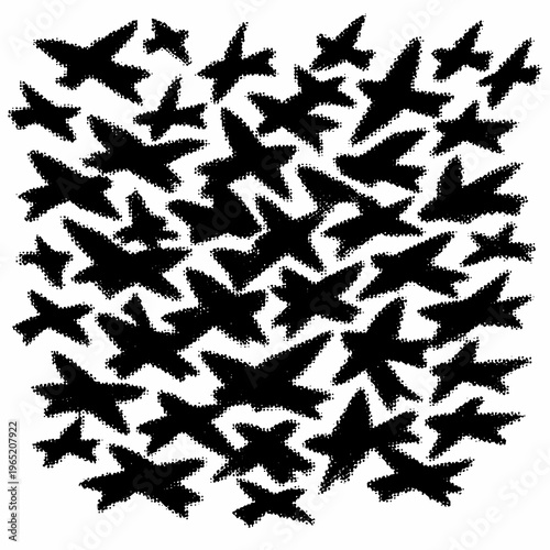 A Swarm of Dark, Silhouette Birds Take Flight Against a White Background in a Stylized, Artistic Depiction