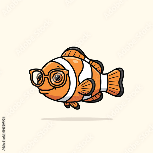 A cartoon-style clownfish, sporting large glasses. It has orange and white stripes with black outlines and a happy expression, on a beige background
