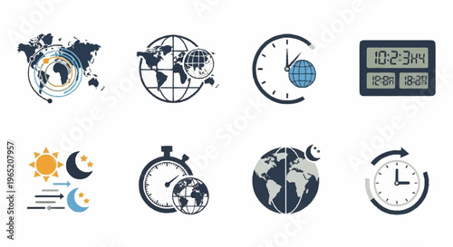 Collection of various clock and globe icons.