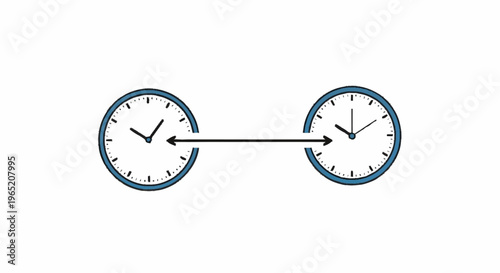 Clocks showing different times connected by line.