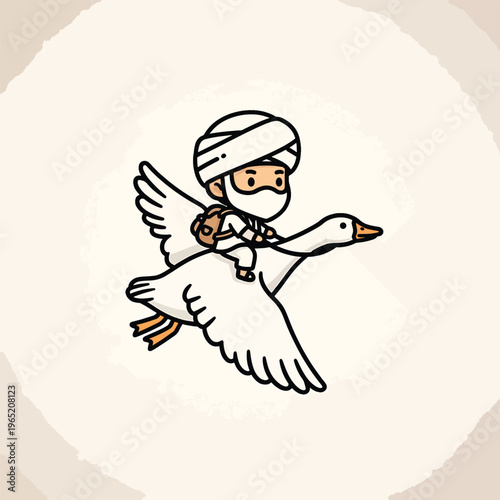 A cartoon-style illustration of a figure riding a goose in mid-flight against an off-white textured background. The rider wears a turban and backpack