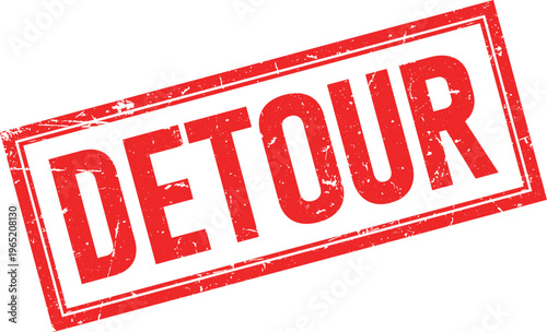 Distressed DETOUR Text in Red Square Rubber Stamp Impression on White