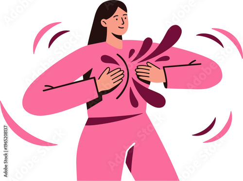 Woman experiencing heart pain in her chest with abstract purple lines