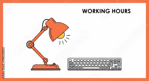 An orange desk lamp and keyboard on a table.