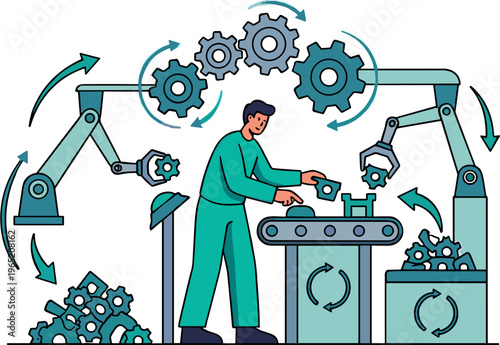 A worker operates industrial robots assembling mechanical parts on a production line in a factory.