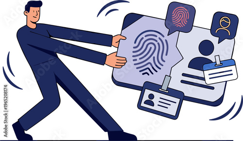 Man pushes large identification card with fingerprint and personal data in office