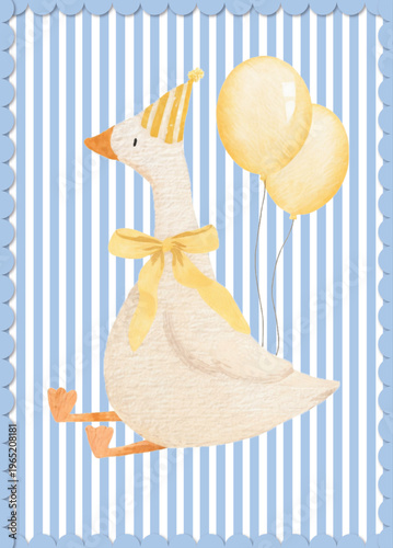 WATERCOLOR GOOSE WITH BALLOONS – PASTEL NURSERY ILLUSTRATION