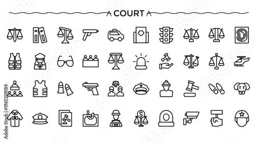 Legal Icons Set – Court, Justice Scales, Law Enforcement and Judicial Line Symbols