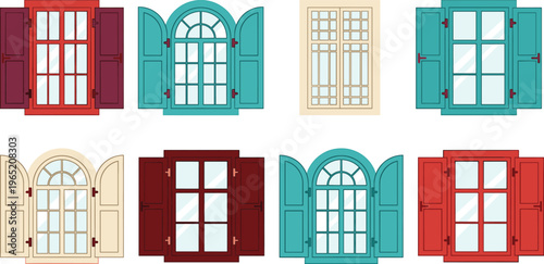 Window shutters collection colorful vintage house windows, architectural facade elements design, classic wooden frames illustration, home exterior decor