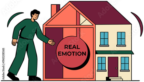 A man pushes a large red house with emotion words toward another house.