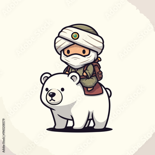 A cartoonish illustration depicts a robed figure with a white face covering atop a polar bear, set against an off-white, textured backdrop