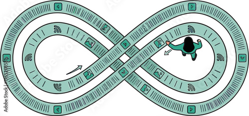 A person runs on a board game track with infinity loop and various symbols.