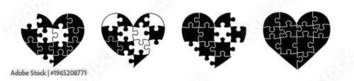 Four black and white heart-shaped puzzles symbolizing connection, unity, and complex relationships in relationships