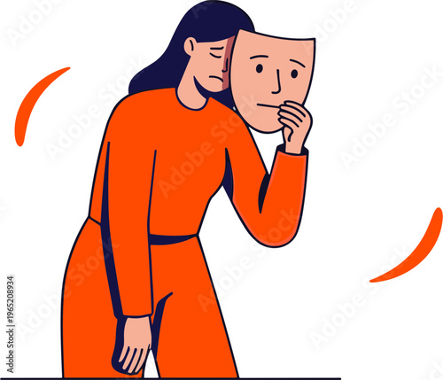 Woman holding a theater mask in a modern orange outfit indoors.