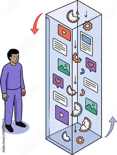 Man standing beside a tall glass display showing various digital media icons floating inside with arrows.