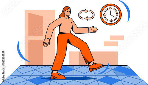 A person dancing energetically indoors with clock and motion lines nearby