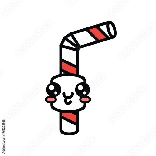 A cartoon straw with a face has red stripes and black outlines against a white background. It has large eyes and blushing cheeks